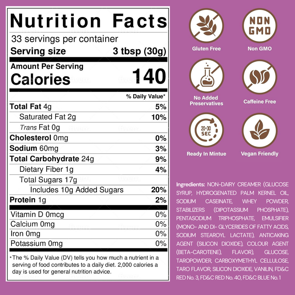 Less Sugar Taro Milk Tea Mix, 2.2 lb – Instant Powdered Drink, Serve Hot or Cold